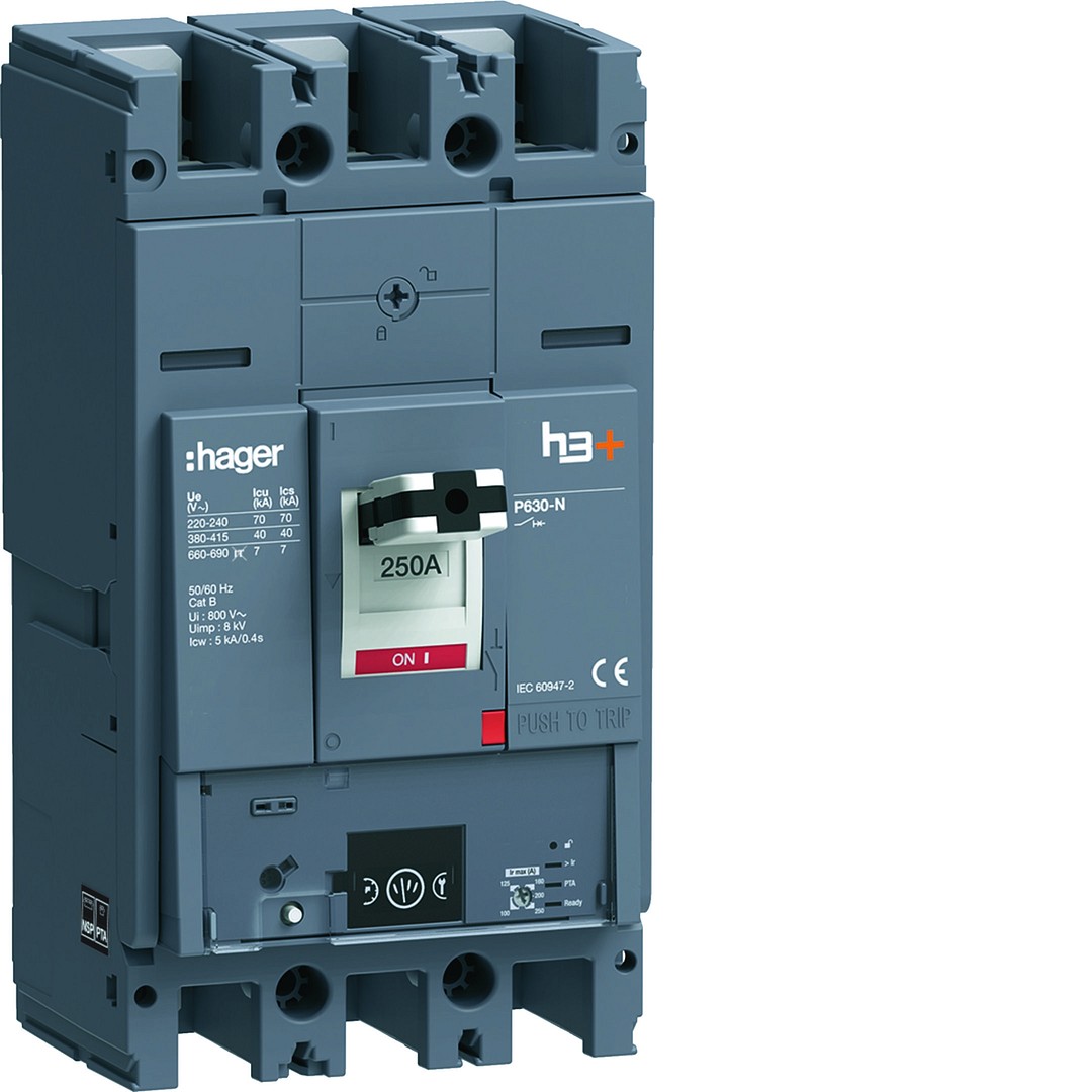 Kompaktikatkaisija h3+ p630 mittaust. Energy-suojareleellä 3-napainen 250A 40kA