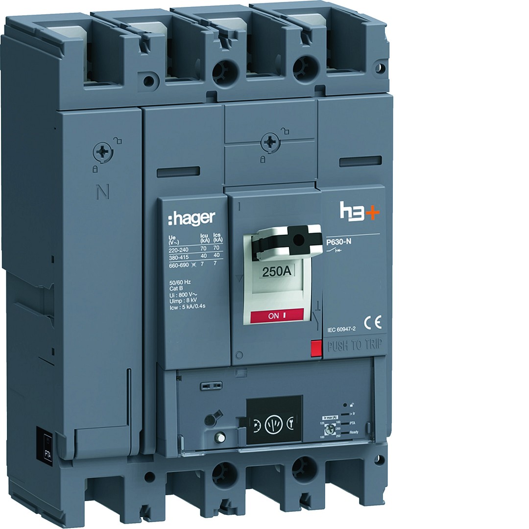 Kompaktikatkaisija h3+ p630 mittaust. Energy-suojareleellä 4-napainen 250A 40kA