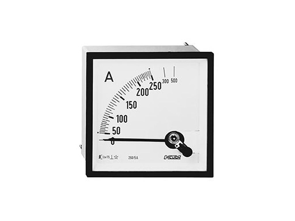 Analoginen virtamittari suoramittaus 100A asteikko 90º, P2, koko 96x96x49,2 mm M8