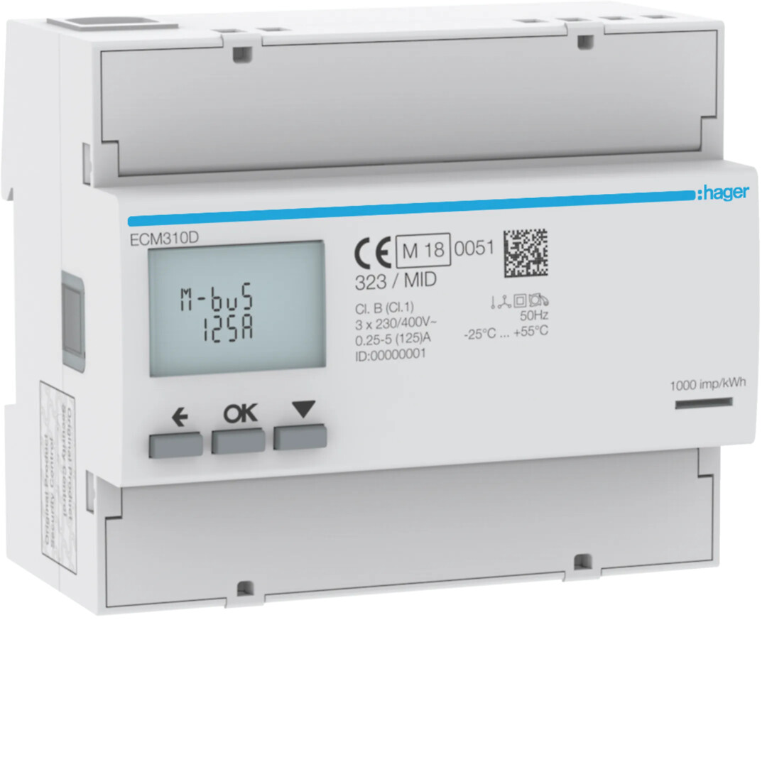 Energiamittari 3-vaiheinen, suora 125A, 6  moduulia, M-bus, MID