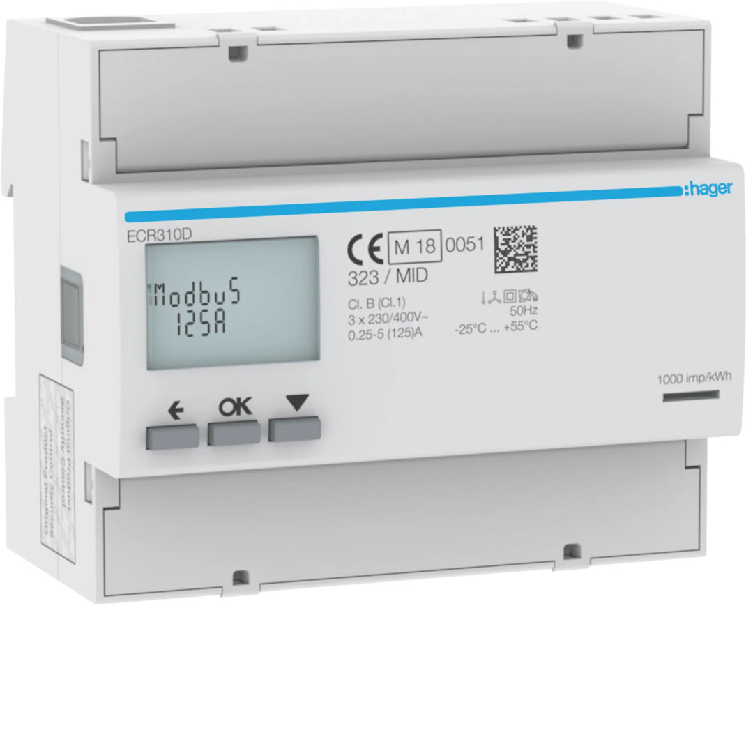 Energiamittari 3-vaiheinen, suora 125A, 6  moduulia, Modbus, MID