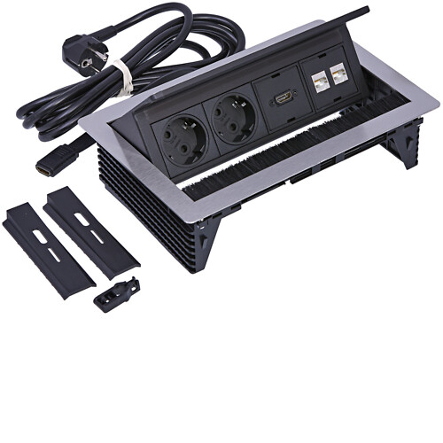 Pistorasiapaneeli saranakannella, 2PR+2xRJ45 Cat6+HDMI, ruostumaton teräs, harj.