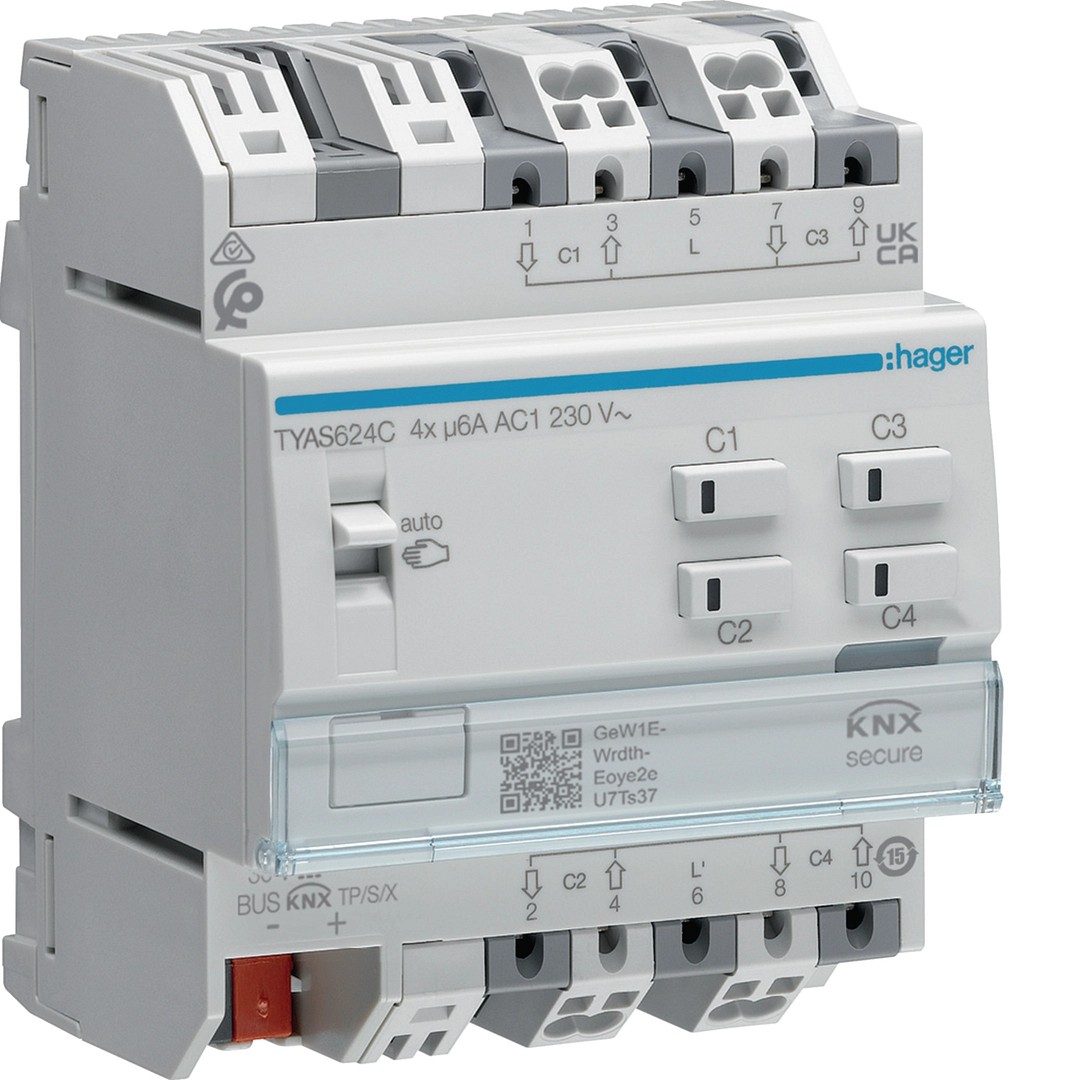 Säle-/rullaverholähtöyksikkö KNX 4-kanavainen 6A 230VAC, KNX Secure