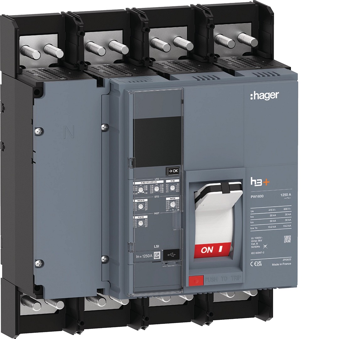 Kompaktikatkaisija h3+ PW1600 4-napainen Sentinel LSI 1250A 50kA FX etuliityn.