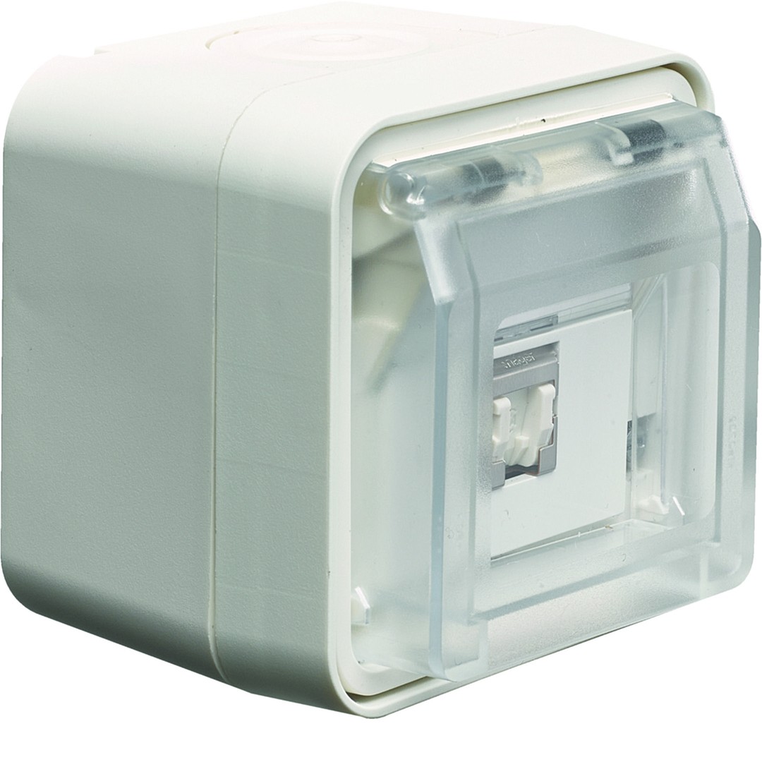 Datapistorasia 1xRJ45 Cat 6a suojattu pinta IP55, W.1, puhtaanvalkoinen