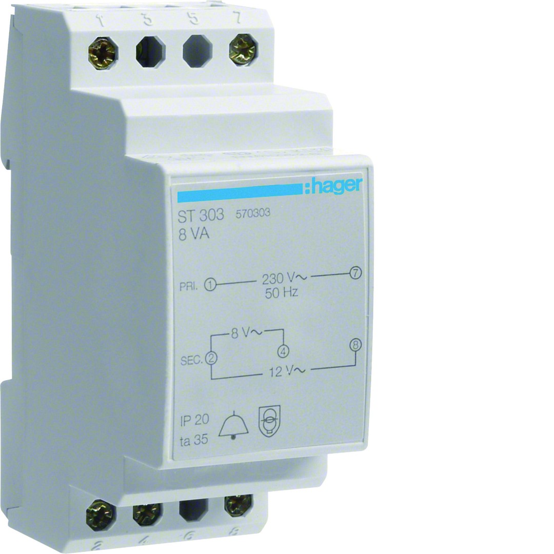 Soittokellomuuntaja 230V / 8V ja 12V 8VA 2 moduulia