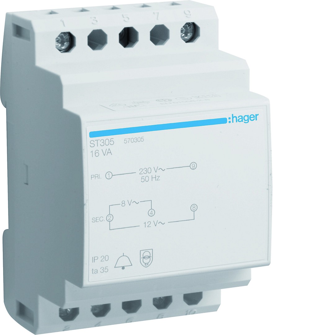 Soittokellomuuntaja 230V / 8V ja 12V 16VA 3 moduulia