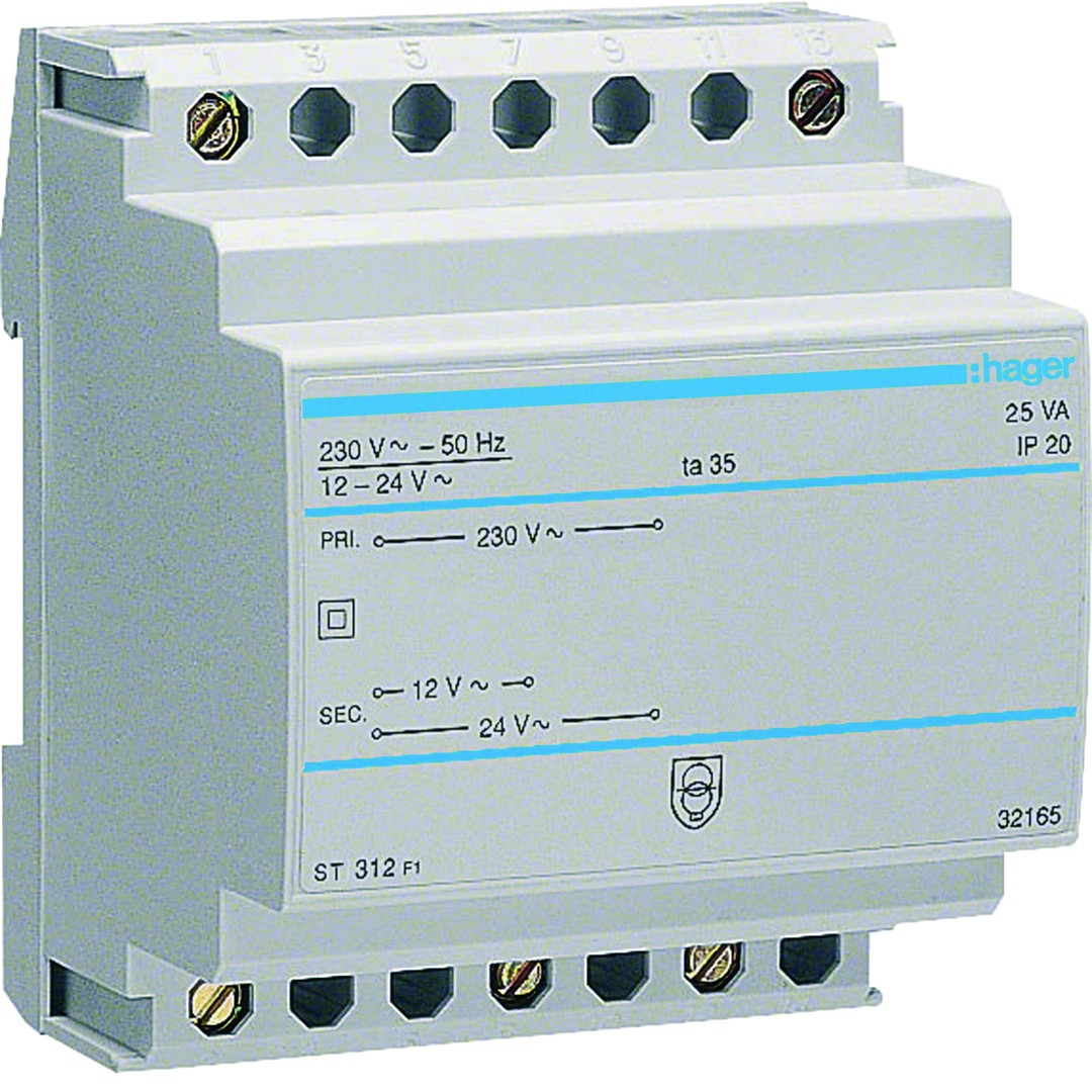 Suojajännitemuuntaja 230V / 12V ja 24V 25VA 4 moduulia