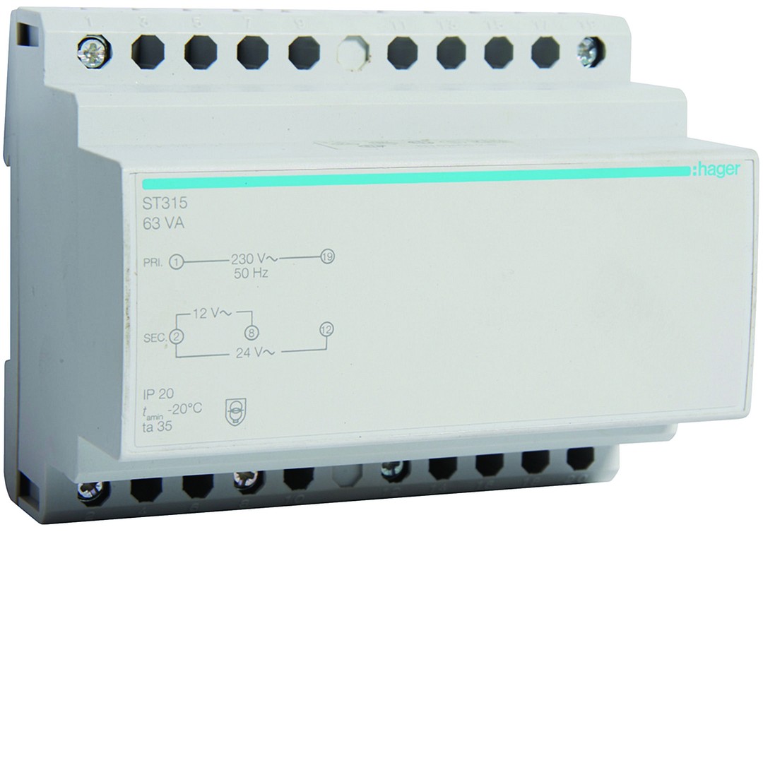 Suojajännitemuuntaja 230V / 12V ja 24V 63VA 6 moduulia