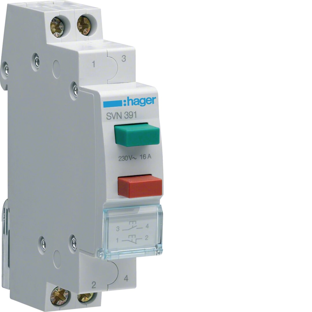 Kaksoispainike 16A 1 sulkeutuva + 1 avautuva kosketin 230V AC 1 moduuli