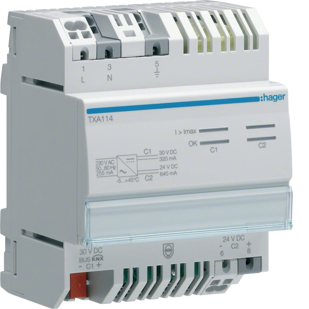 Teholähde KNX 1 lähtö sisältäen kuristimen 320mA + 1 lähtö 24VDC 640mA
